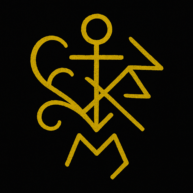 A golden sigil for “Samhain Ancestor Rituals: Honoring the Dead on the Witch’s New Year,” featuring an upright cross with a circle crown, flanked by a crescent, arrows, and zigzag forms resembling ancestral connections, all on a black background.
