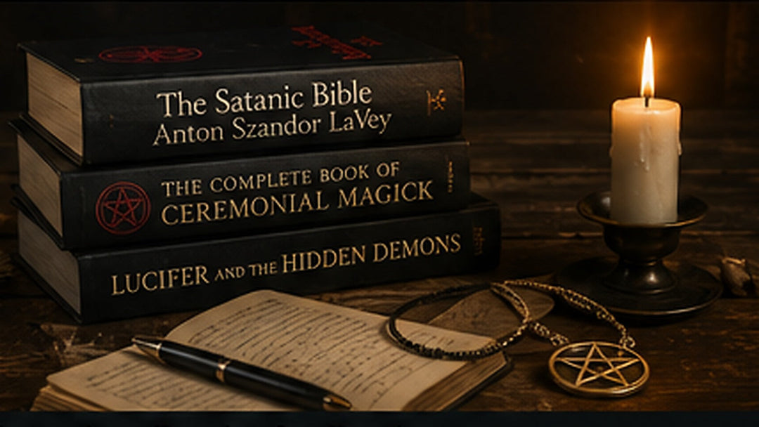 Occult and Satanism books beside a candle, notebook, pen, and pentagram pendant