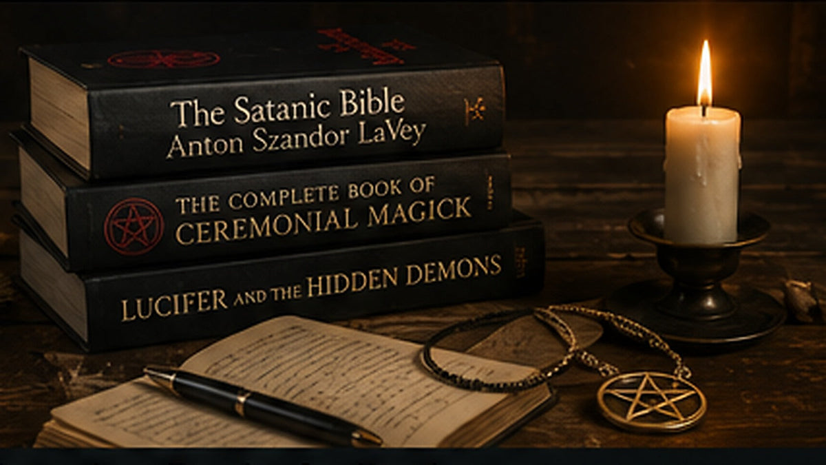 Occult and Satanism books beside a candle, notebook, pen, and pentagram pendant