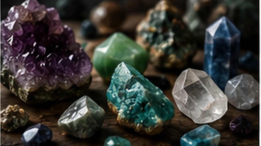 Assorted crystal and mineral specimens arranged for evaluating, selling, or rehoming a personal collection