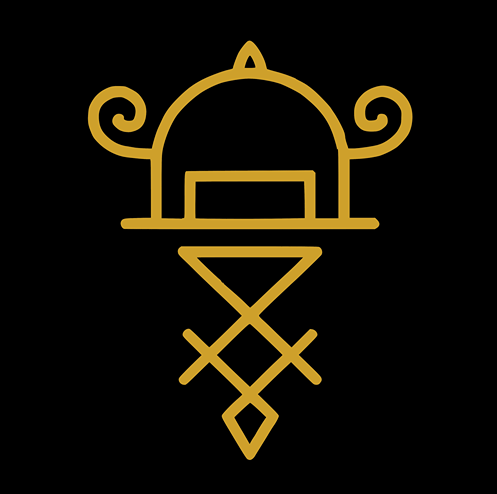 Golden sigil for Setting Up a Satanic Altar - A Practical Guide to Creating Your Personal Sacred Space, featuring a domed shape with curled ends, a central rectangle, intersecting diagonal lines, and a pointed diamond base on a black background.