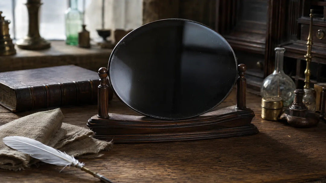 Polished black obsidian shew-stone on a wooden stand in an Elizabethan-style study