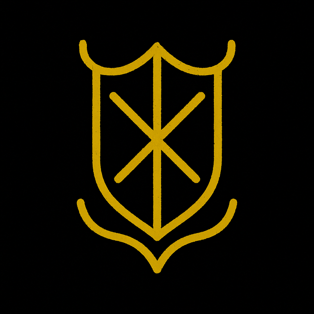 A golden sigil for “Shield Your Home: Simple Protection Spells for a Safe Household,” featuring a stylized shield with intersecting lines and protective curves on a black background.