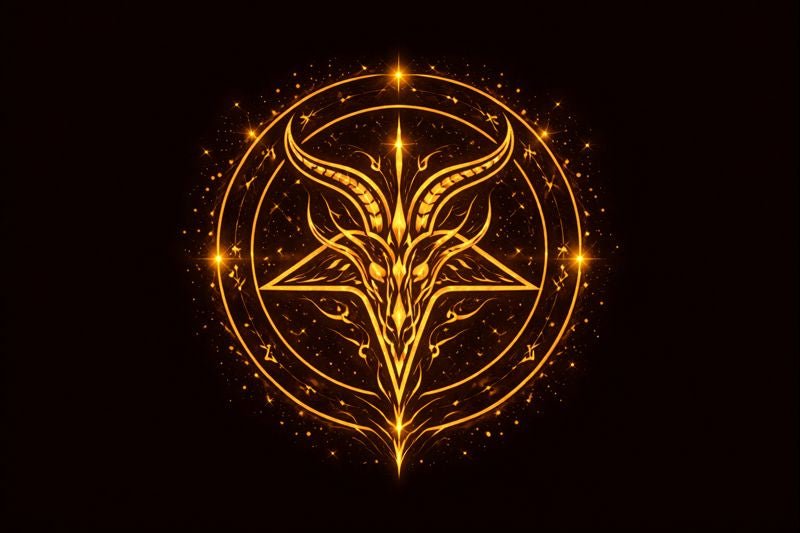 Sigil of Baphomet showing a goat’s head inside an inverted pentagram surrounded by the Hebrew letters for Leviathan