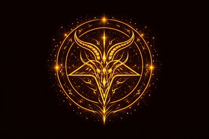 Sigil of Baphomet showing a goat’s head inside an inverted pentagram surrounded by the Hebrew letters for Leviathan