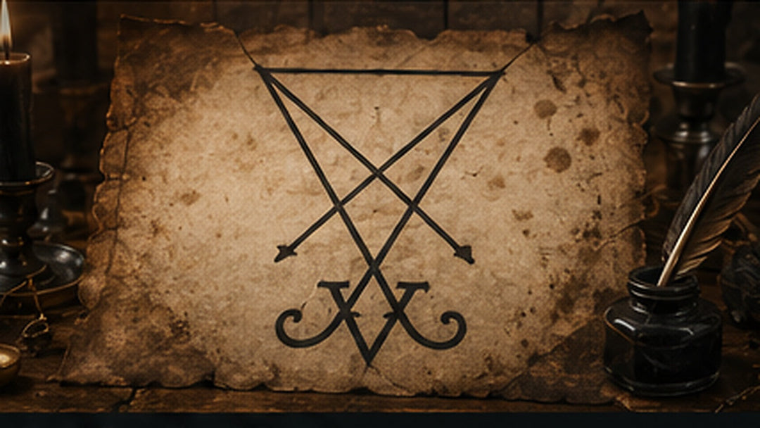 Sigil of Lucifer drawn on aged parchment beside candles, an ink bottle, and a quill