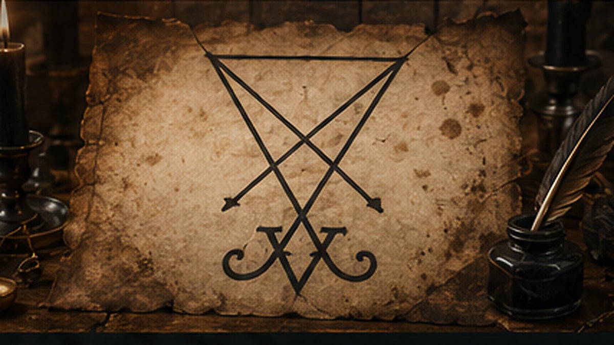 Sigil of Lucifer drawn on aged parchment beside candles, an ink bottle, and a quill