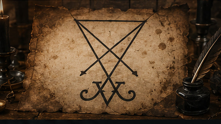 Sigil of Lucifer drawn on aged parchment beside candles, an ink bottle, and a quill