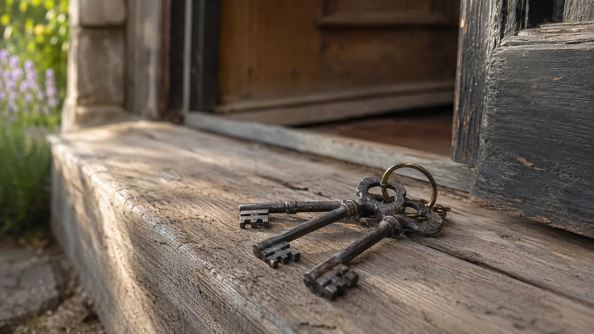 Three antique skeleton keys resting on a wooden doorway threshold for symbolic threshold work