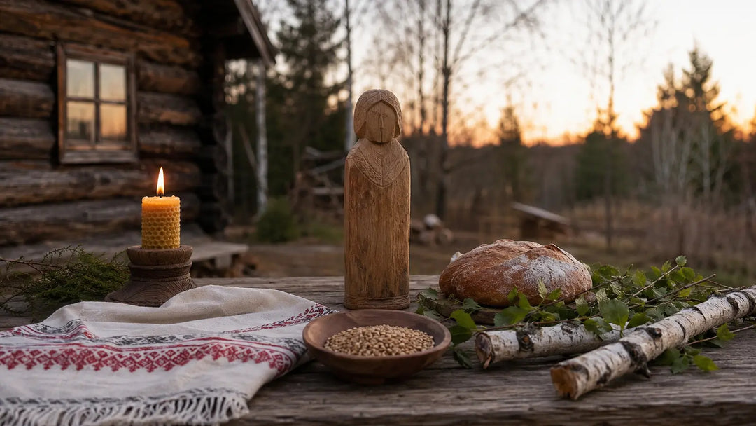 Slavic household altar with a wooden ancestor figure, bread, grain, beeswax candle, embroidered cloth, and birch branches