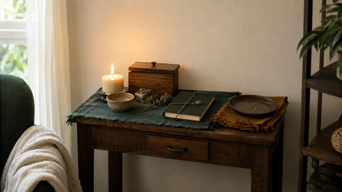 Compact solitary witch altar with a candle, bowl, stone, closed journal, cloth, tray, and wooden storage box
