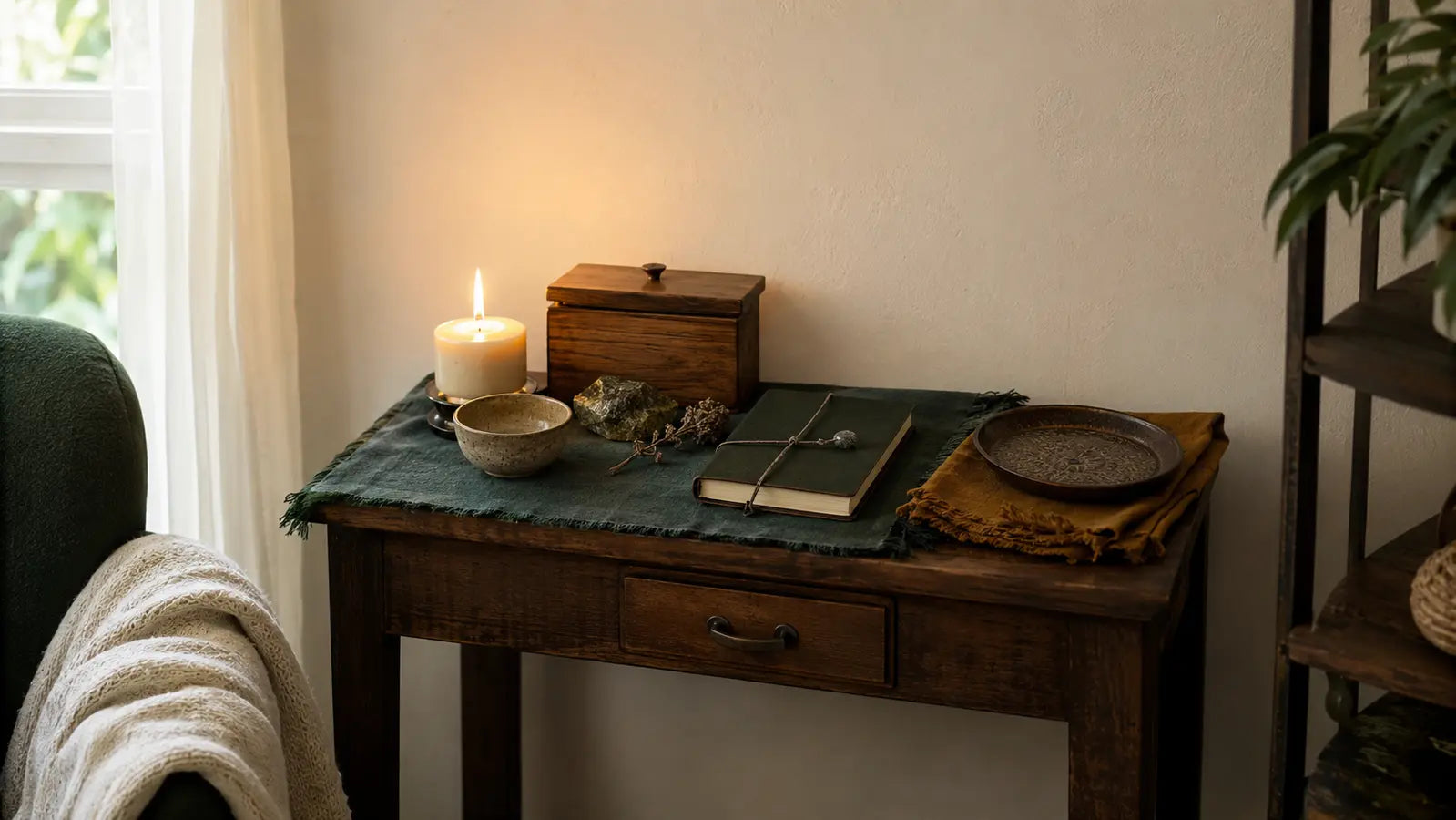 Compact solitary witch altar with a candle, bowl, stone, closed journal, cloth, tray, and wooden storage box