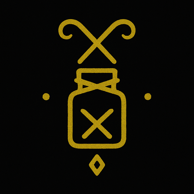 A golden sigil for “Spell Jar Recipes for Beginners: Easy DIY Magic with Kitchen Ingredients,” featuring a rounded jar with an X-marked center, sealed top, crossed curved arms above, a diamond below, and symmetrical dots, all on a black background.