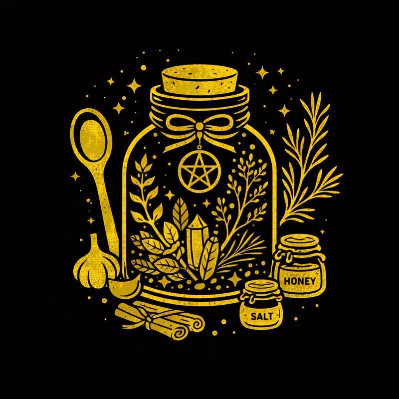 Four labeled spell jars for protection, self-love, prosperity, and restful sleep with herbs, stones, coins, and written intentions