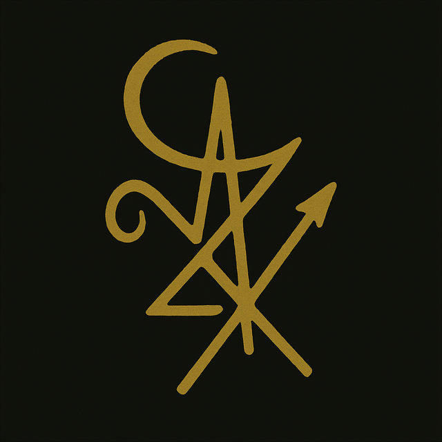 A golden sigil for “Spell of Astral Travel — The Silver Pathway Ritual Chest,” featuring looping curves, intersecting lines, and an upward-pointing arrow on a black background.