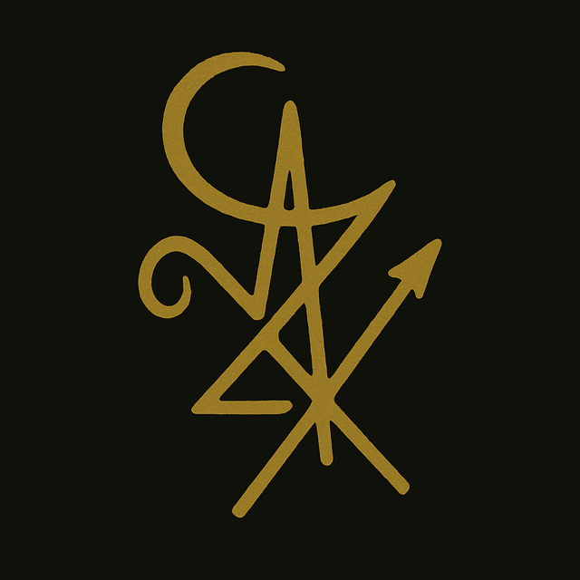 A golden sigil for “Spell of Astral Travel — The Silver Pathway Ritual Chest,” featuring looping curves, intersecting lines.