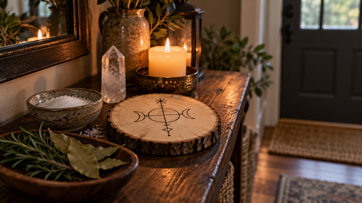 Simple home protection setup near an entryway with a marked wooden ward, salt, herbs, quartz, and candlelight