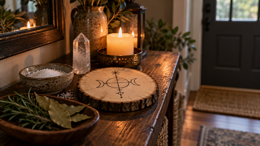 Simple home protection setup near an entryway with a marked wooden ward, salt, herbs, quartz, and candlelight