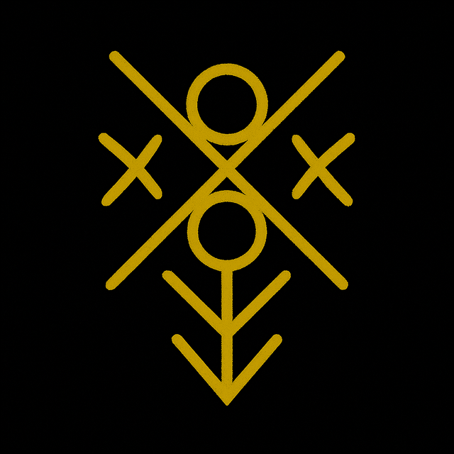 A golden sigil for “Tarot Cards vs. Oracle Cards: What’s the Difference & Which to Use,” featuring interlocked circles, X-shaped crossings, and symmetrical lines on a black background.