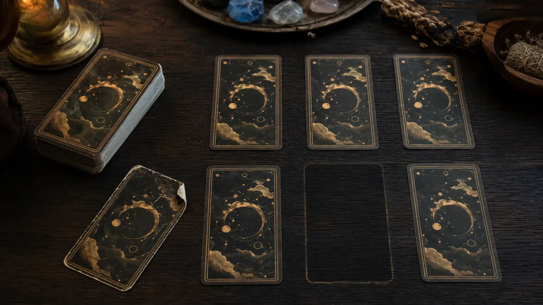 Tarot-style card spread with one empty space and a separate card with a bent damaged corner