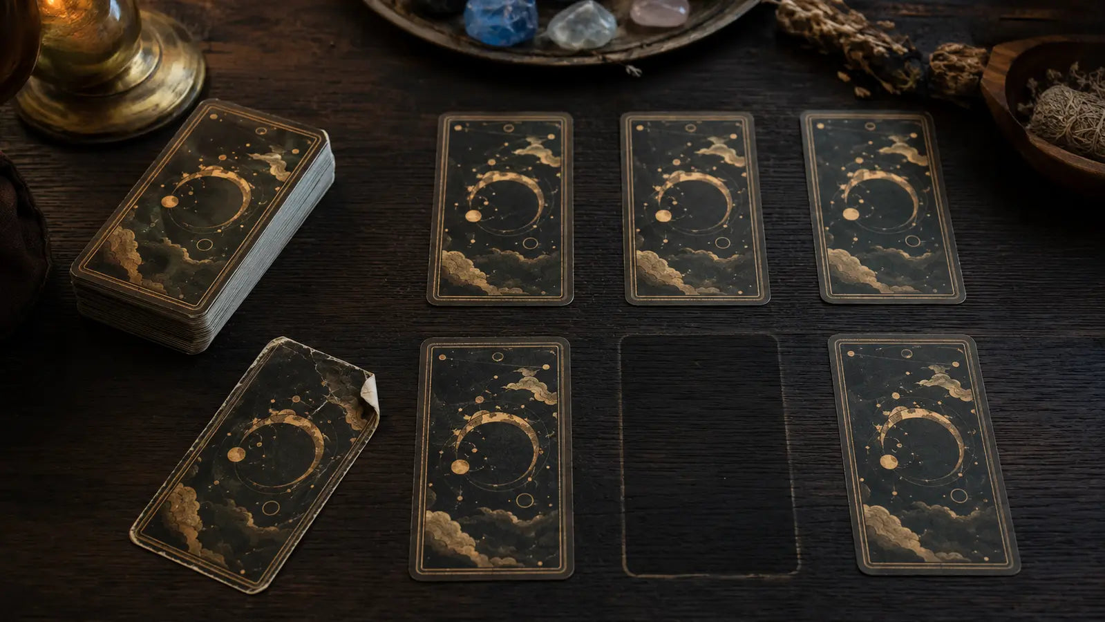 Tarot-style card spread with one empty space and a separate card with a bent damaged corner