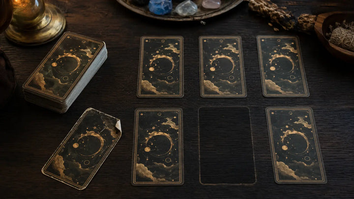 Tarot-style card spread with one empty space and a separate card with a bent damaged corner