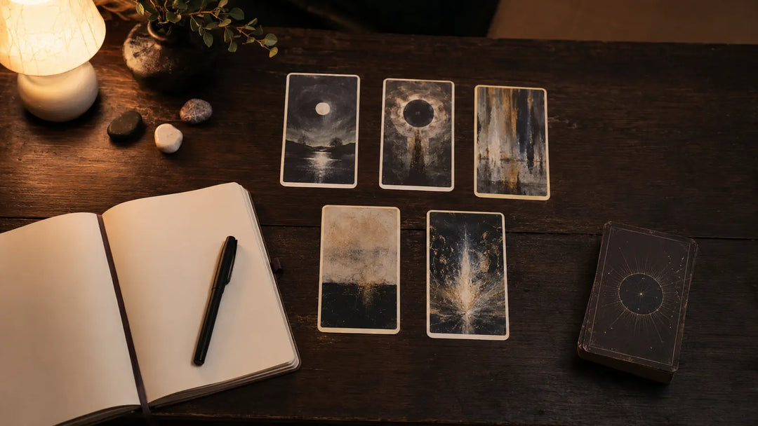 Unlabeled tarot-style card spread beside a blank journal, pen, lamp, and closed deck box for reflective shadow work