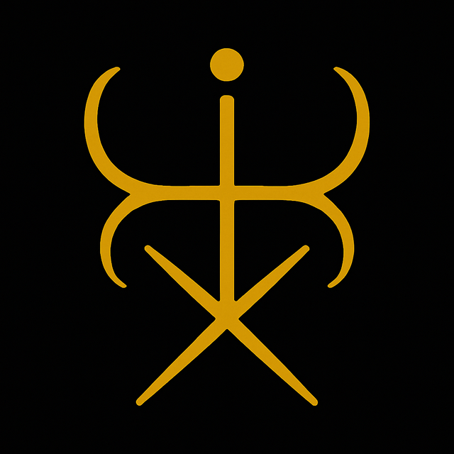 Golden sigil for Theistic vs Atheistic Satanism - Two Forms of the Devils Path, with a central vertical stem topped by a small circle, flanked by sweeping upward curves, intersecting a crossbar, and ending in a sharp X base on a black background.