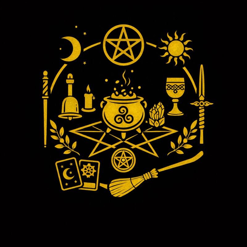 Pagan altar displaying an athame, chalice, wand, pentacle, cauldron, besom, crystals, herbs, incense, and altar cloth