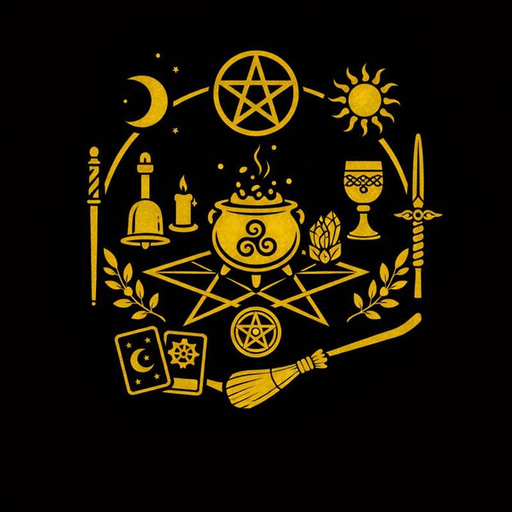 Pagan altar displaying an athame, chalice, wand, pentacle, cauldron, besom, crystals, herbs, incense, and altar cloth