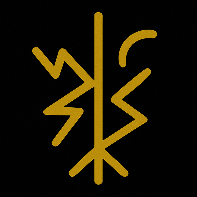 A golden sigil for “Walking the Left Hand Path: Embracing the Shadow for Spiritual Power,” featuring jagged angular lines intersecting a central vertical stem, flanked by asymmetrical arcs and lightning-like shapes, all on a black background.