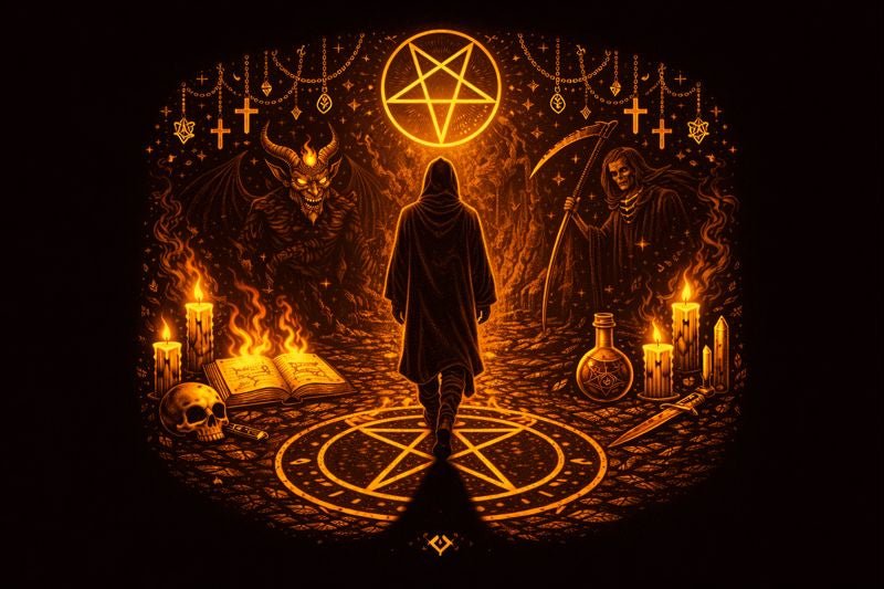 Symbolic crossroads representing the Left-Hand Path, shadow integration, personal sovereignty, and self-directed occult study