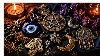 Collection of occult and protective symbols including pentacle, crescent, hamsa, and evil eye jewelry charms