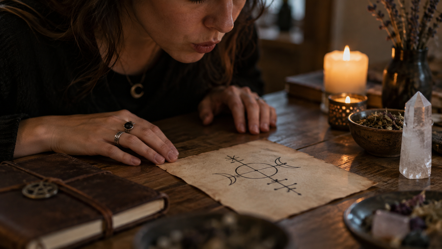 A practitioner quietly studies a completed sigil at a wooden table after ritual work, with a candle, journal, herbs, and quartz nearby