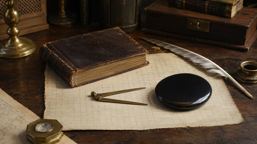 Aged book, blank gridded parchment, quill, brass dividers, and black scrying stone representing the historical study of Enochian magic