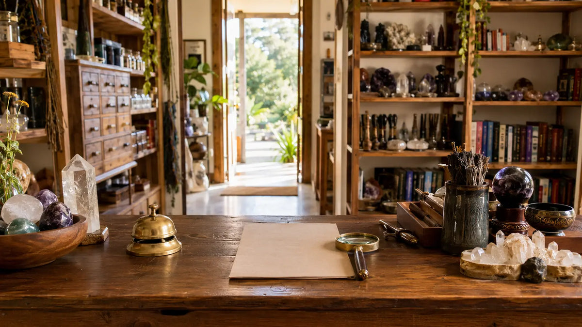 Clean welcoming occult store with organized shelves, crystals, books, ritual tools, a service bell, and an open doorway