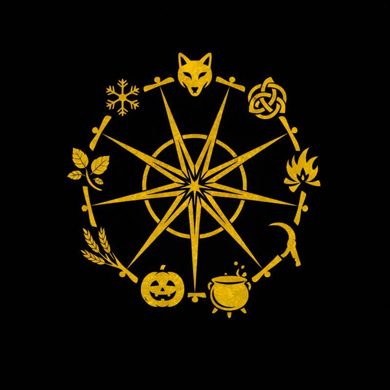 Wheel of the Year showing the eight Pagan Sabbats and their seasonal symbols around a circular calendar