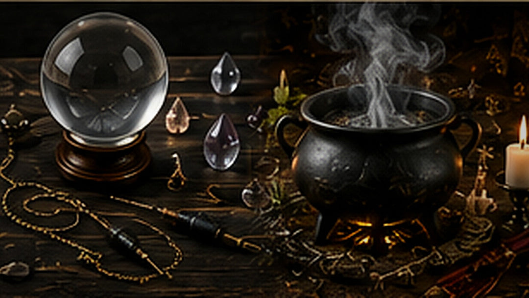 A scrying sphere, pendulums, and a smoking cauldron arranged to represent caution and boundaries in divination