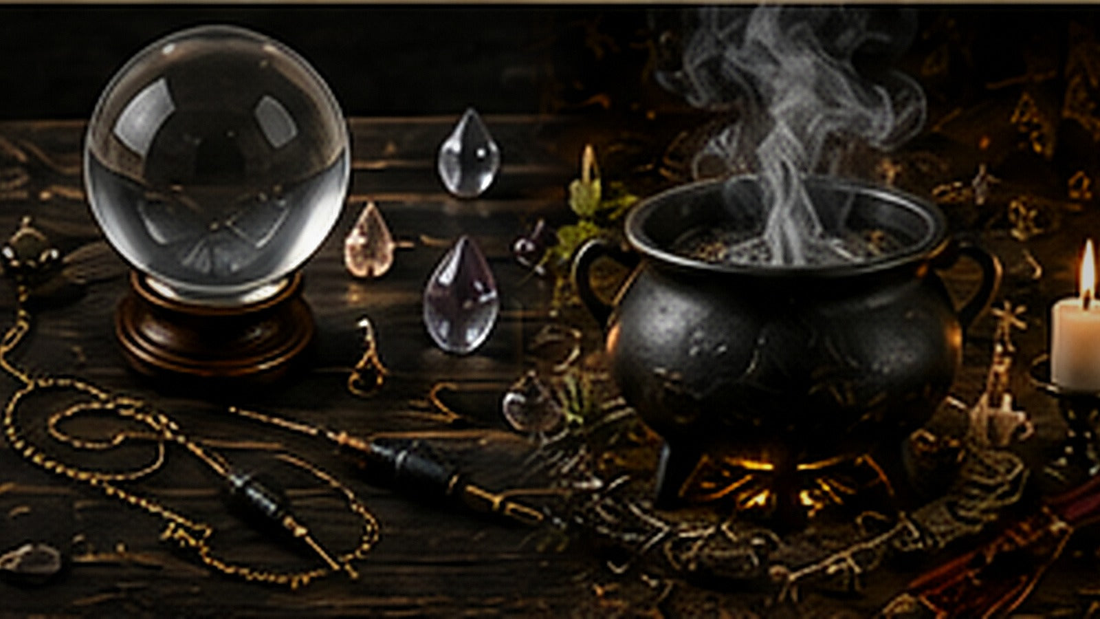 A scrying sphere, pendulums, and a smoking cauldron arranged to represent caution and boundaries in divination