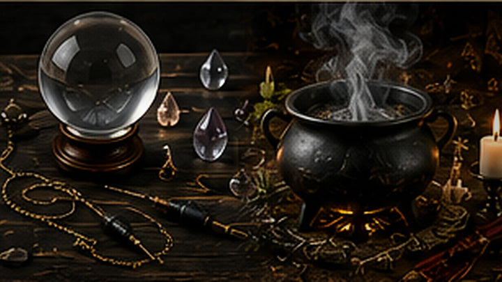 A scrying sphere, pendulums, and a smoking cauldron arranged to represent caution and boundaries in divination
