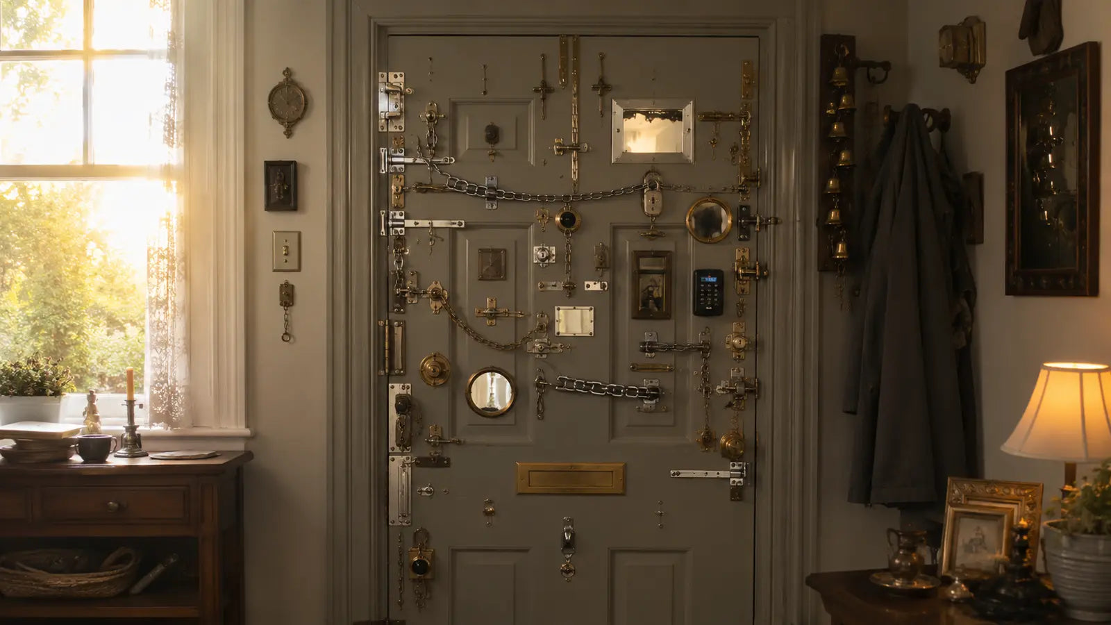 Home doorway crowded with locks, chains, mirrors, bells, and protective objects beside a bright window