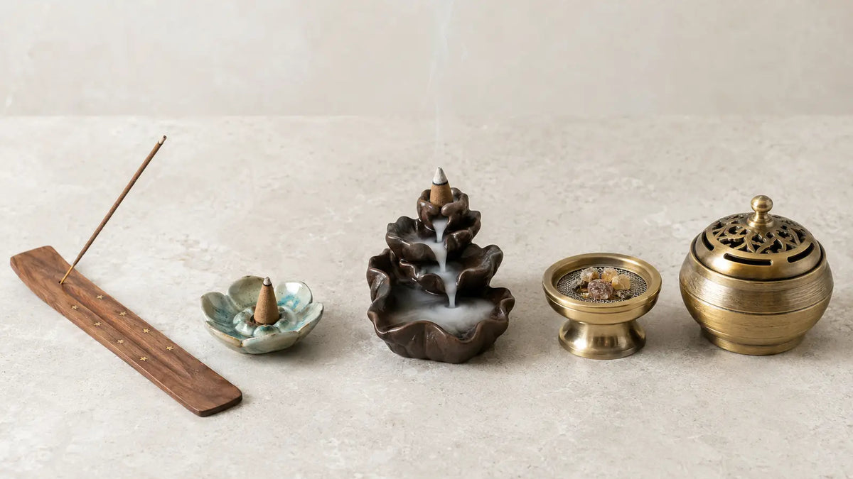 Stick, cone, backflow, resin, and charcoal incense burners arranged together for comparison