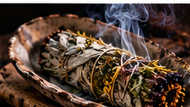 Bundled cleansing herbs smoldering in a shell with visible smoke for a discussion of white sage, smudging, and smoke cleansing