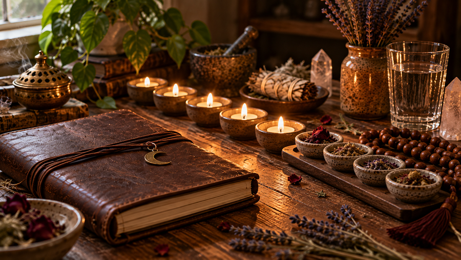 Ritual journal beside a repeated line of candles, prayer beads, herbs, water, crystals, and incense