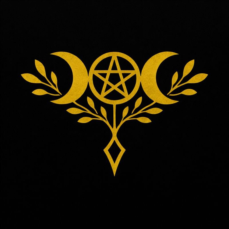 Wiccan altar with pentacle, chalice, candles, elemental symbols, seasonal greenery, and a Book of Shadows