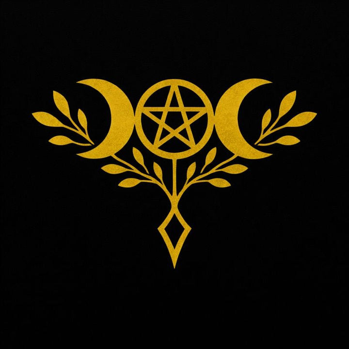 Wiccan altar with pentacle, chalice, candles, elemental symbols, seasonal greenery, and a Book of Shadows