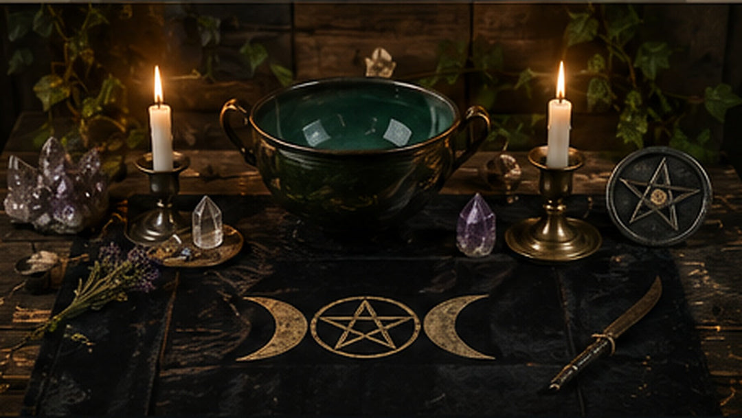 Wiccan altar with candles, a pentacle, chalice, crystals, herbs, and ritual tools arranged for safe practice