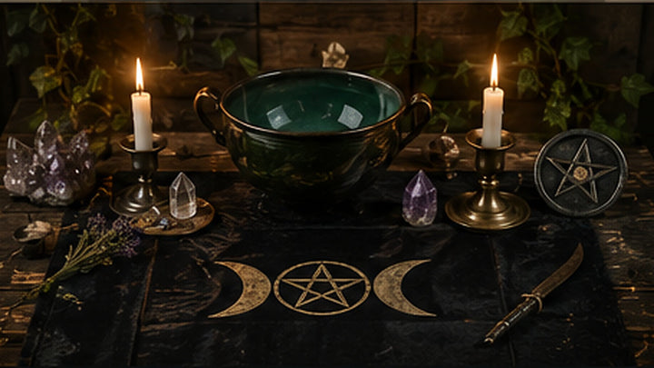 Wiccan altar with candles, a pentacle, chalice, crystals, herbs, and ritual tools arranged for safe practice