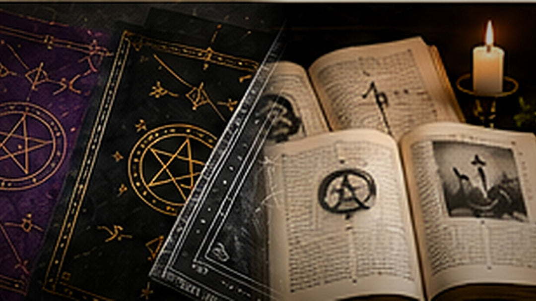 Pentacle altar cloths and open reference books arranged for studying the Wiccan Rede and Rule of Three