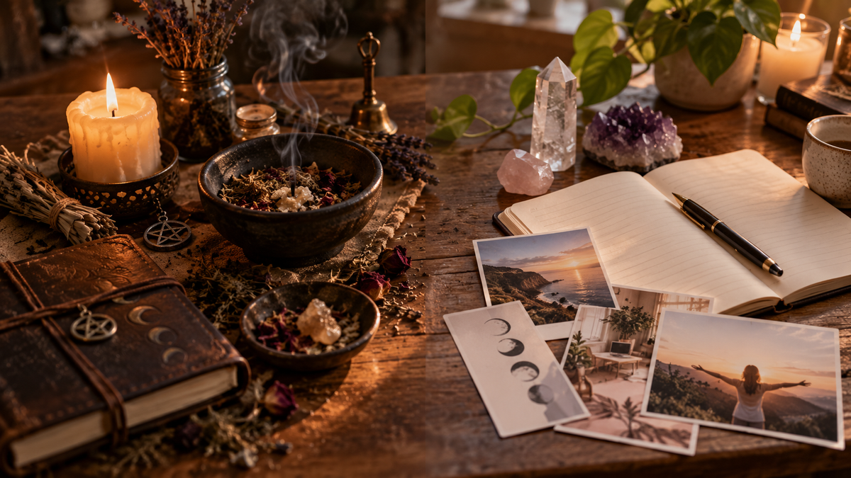 Witchcraft ritual tools beside a manifestation journal, crystals, and vision imagery on a warm wooden table